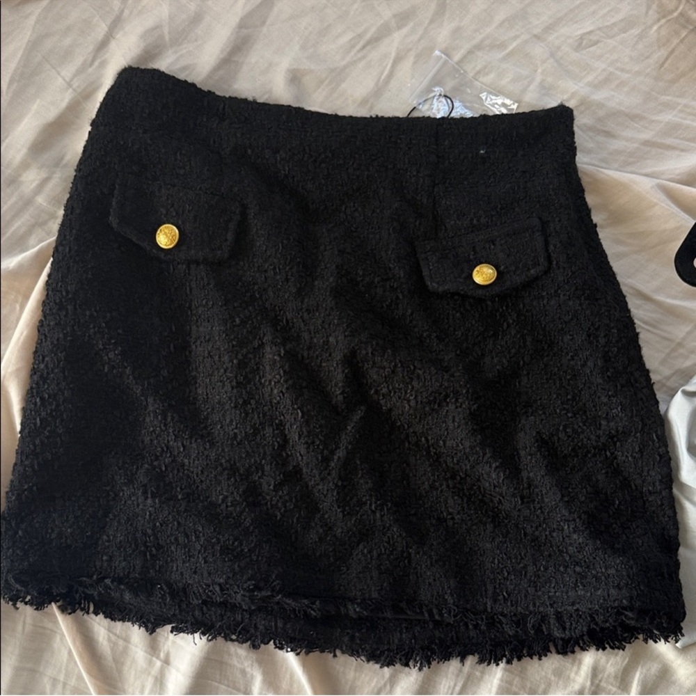 Express Black Textured Mini Skirt with over shoulder crop top